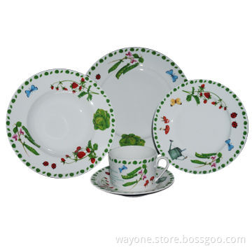 20pcs Porcelain Dinnerware Set, Green Safe w/ Cabbage, Pea, Strawberry, Ladybug, Butterfly Designs